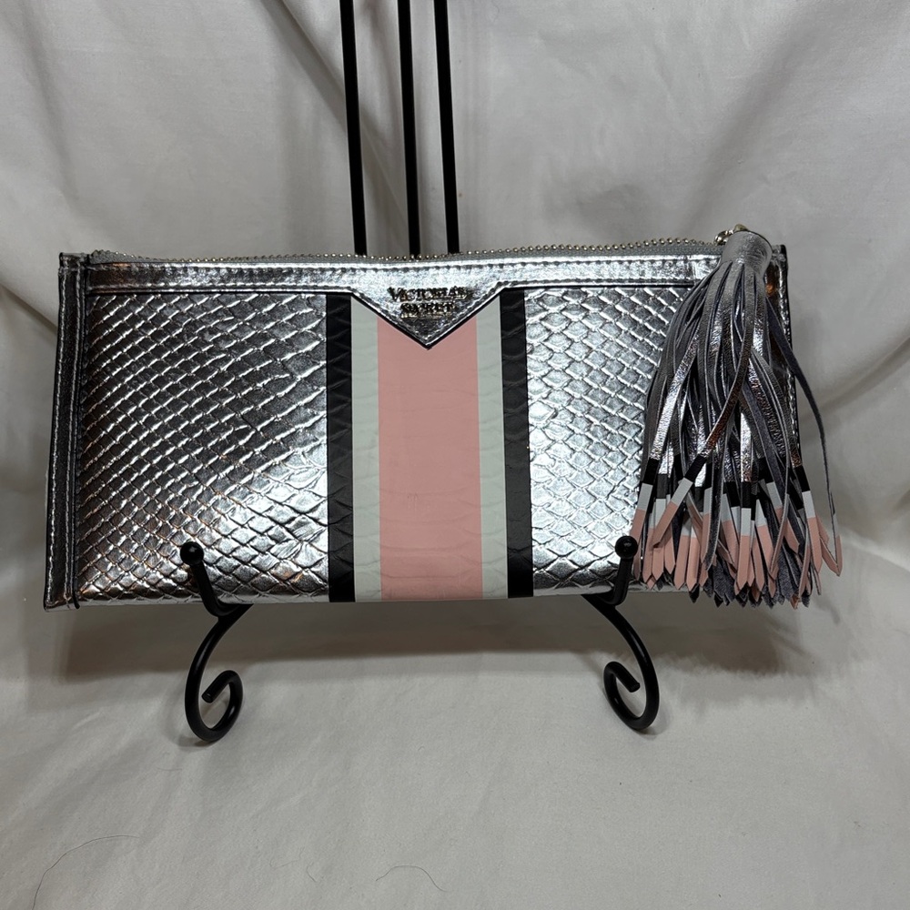 Victoria's Secret Silver and Pink Slimline Clutch with Tassel